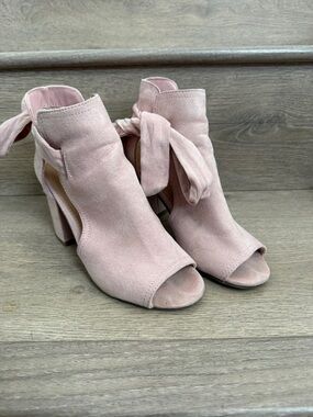 JustFab Blush Pink Suede Peep-Toe Tie-Ankle Block Heel Boots